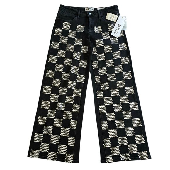 PTCL Black Rhinestone Checkerboard Wide Leg Jeans Women’s 30 NWT Y2K Streetwear - Picture 2 of 15
